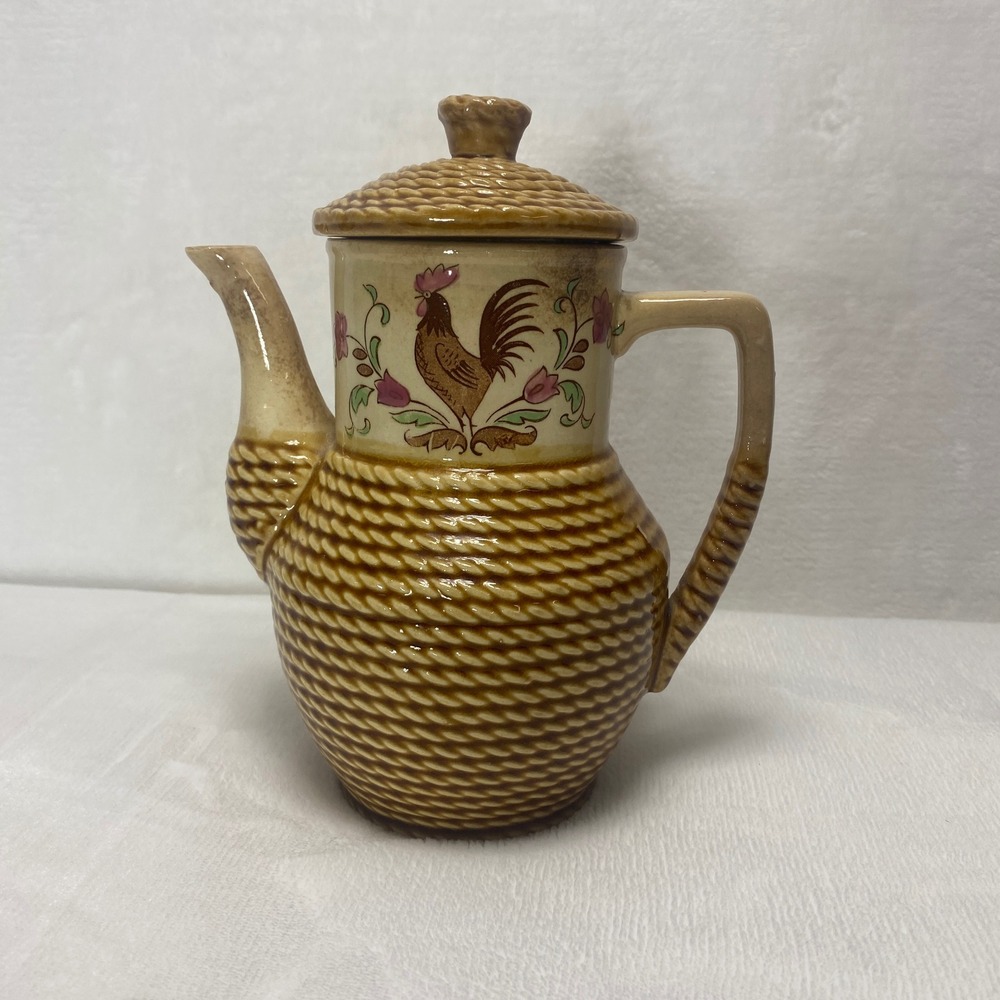 Vintage Tilso Japan Hand Painted Tea Coffee Pot Rooster‎ Farmhouse Rope Design